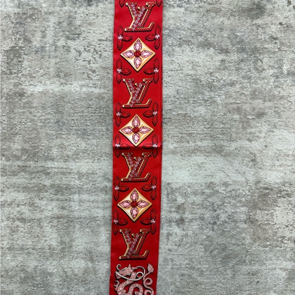 Louis Vuitton Red Monogram Silk Twilly with Gold Accents - Picture 3 of 4